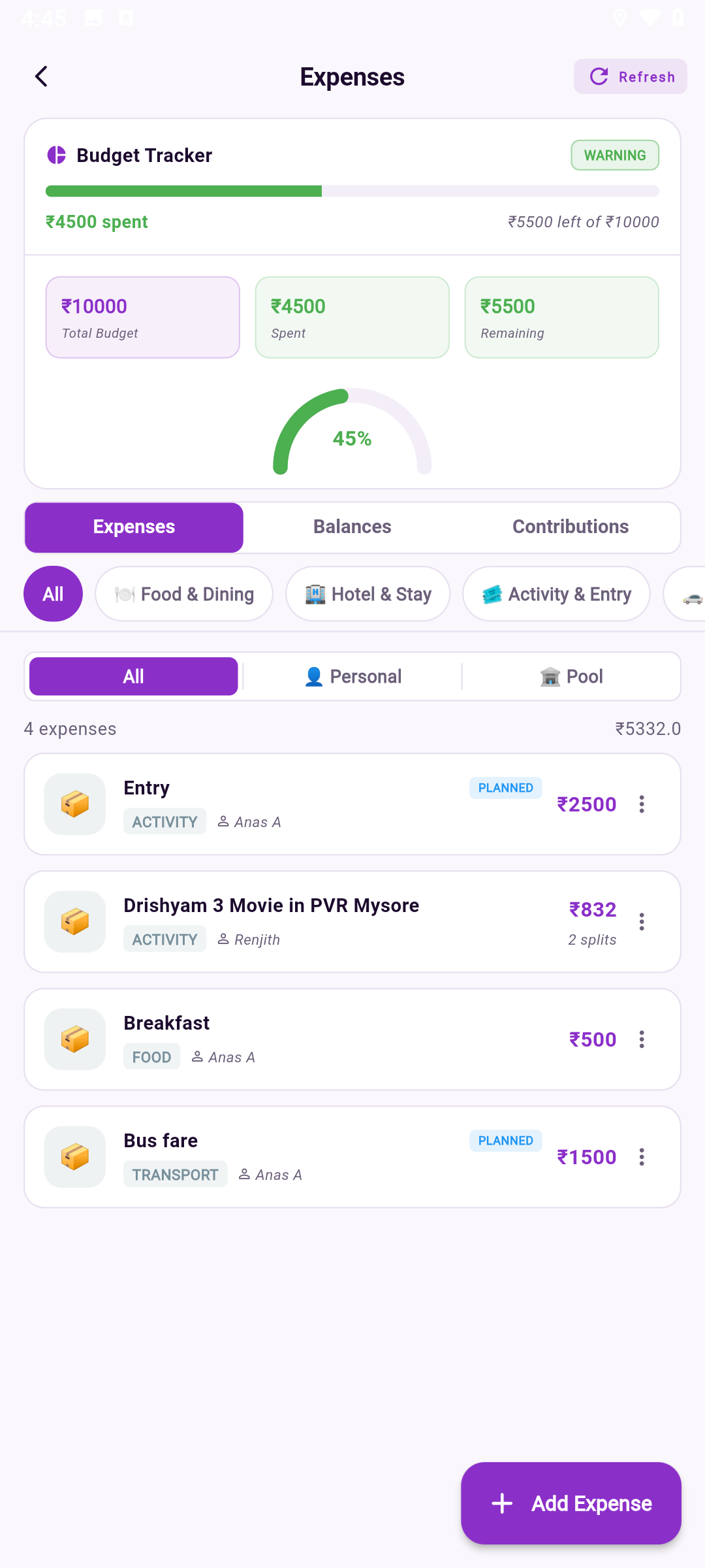 RutMe Budget tracker screen