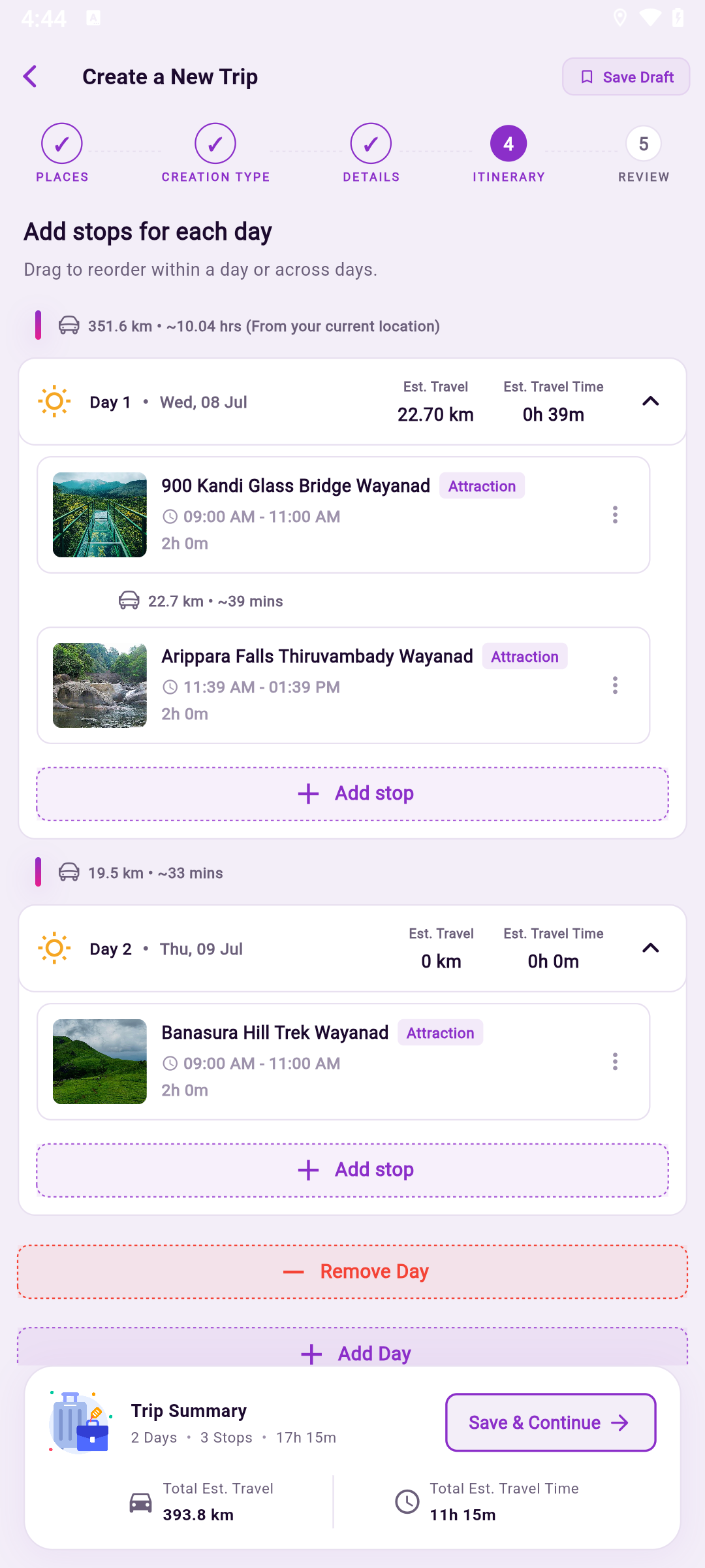 RutMe Day-by-day plan screen